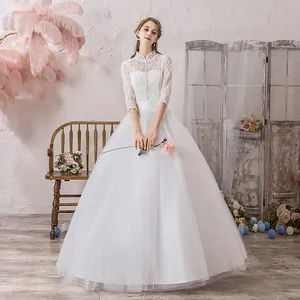 2019 Autumn New Elegant Korea Style High Neck Three Quarter Sleeve Princess Lace Wedding Gown dresses