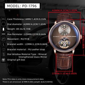 Montre automatique de luxe sportive pour homme PAGANI Design 1796, tourbillon, cadran de 42 mm, bracelet en cuir lumineux, boîtier en acier inoxydable, 100 m - Product Image 2