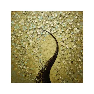 Abstracte Gouden Bloeiende Getextureerde 3d Cuadros Boom Handgeschilderd Acryl Canvas Schilderij