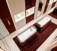 Vitrines de présentation complètes pour bijouterie haut de gamme, sur mesure, en velours bordeaux, avec cadre doré, éclairage LED, durables, murales, GZowin