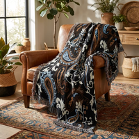 Plaid Jacquard Paisley à Franges, Motif Floral Ethnique Bohème pour Canapé et Lit, Couverture Décorative Style Tapisserie Vintage pour la Maison