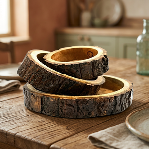 Handmade Wooden <b>Serving</b> Bowl <b>Set</b> 3 Piece Round Rustic Tableware for Salad Fruits Snacks - Product Image 3