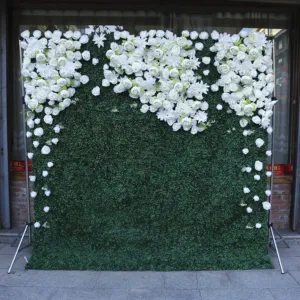BD052花の壁3Dロールアップハンギングローズ人工シルクホワイトフラワーパネル壁列背景結婚式の装飾パーティー用