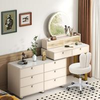 Coiffeuse de maquillage style crème avec armoire latérale, élégante table de toilette blanche pour chambre à coucher avec chaise roulante