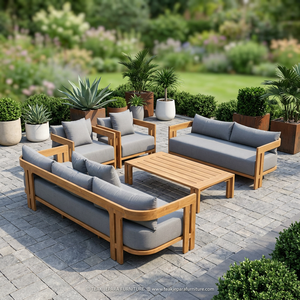 Modern Minimalist Teak <b>Wood</b> Garden <b>Sofa</b> Set Outdoor Patio Cushioned Seating with Coffee Table and Ottoman for Villa - Product Image 3