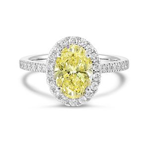 Anillo de Halo Ovalado Amarillo con Diamante Cultivado en Laboratorio de 2 1/2 Quilates Certificado por IGI para Mujer, Anillo de Oro Blanco de 14k con Piedras Laterales - Product Image 1