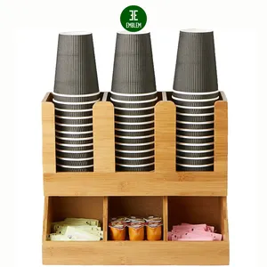 6 Compartment Bamboo Upright Coffee Breakroom Condiment and Cup Storage Organizer Coffee Condiment Organizer
