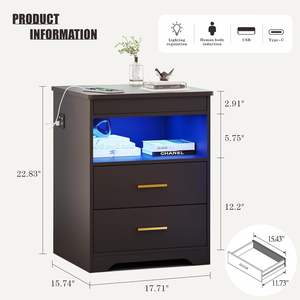 FREDEES Night Stand With Gun Drawer Charging <b>Bedside</b> <b>Table</b> USB Type C Port <b>LED</b> Light Modern Design Bedroom Furniture - Product Image 2