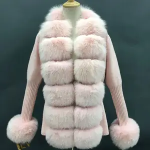 女士Slim2022羊毛冬季短狐狸毛外套保暖羊毛粉扑袖夹克针织真毛毛衣女式开衫
