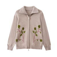 Cardigan en laine 100% tricoté sur mesure, col à revers, broderie florale, double fermeture éclair, ourlet côtelé, OEM/ODM