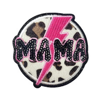 Patch thermocollant personnalisé en stock, motif cœur léopard 'Mama' bleu et rose, à paillettes, petit format, pour sacs et chapeaux DIY