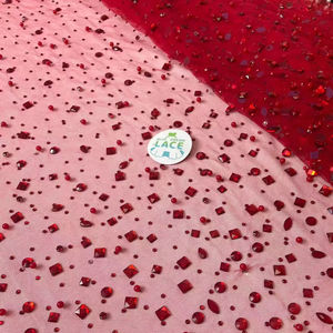 럭셔리 레드 크리스탈 스톤 메쉬 레이스 원단 인기있는 스와 로브 스키 라인 석 얇은 명주 그물 이브닝 원피스 - Product Image 5