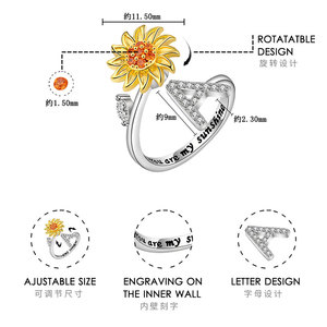 Anillos al por mayor con 26 letras iniciales, personalizados con circonitas pavé, chapados en oro sobre cobre, giratorios con diseño de girasol, joyería para aliviar la ansiedad para mujer - Product Image 3