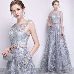 Elegant A-Line Evening Dress Grey Organza Floral Print Scoop Neck Long Hostess Dress 3D Stereoscopic Patterns Natural Waistline - Product Image 1