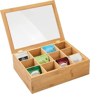 Premium Bamboo Tea Box Organizer With 12 Compartment Wood Tea Chest With Slide-out Drawer &amp; Acrylic Glass Magnet Lid