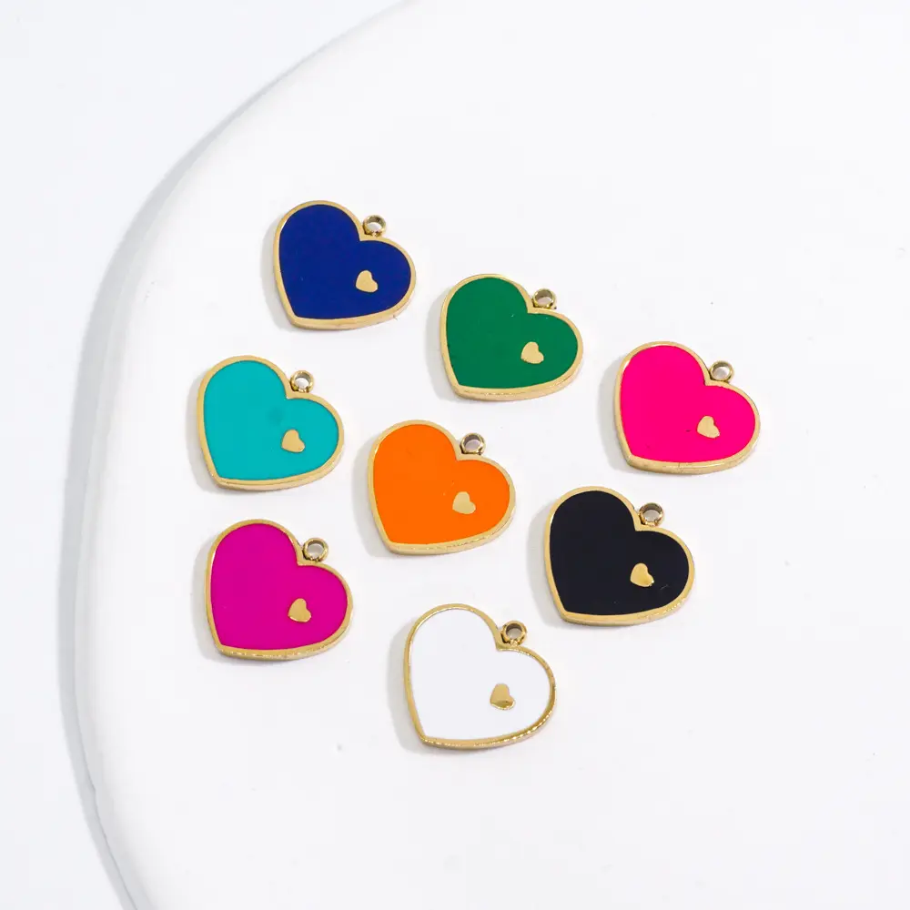 Hot Sale Girls Fashion Bracelet Making Pendant Women DIY Necklace Accessories Gold Plated Stainless Steel Enamel Heart Charms