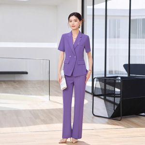 Women's Green Suit Set Short Sleeve Blazer Wide Leg Pants Two Piece Formal Work Attire Anti Wrinkle Solid Color Polyester - Product Image 4