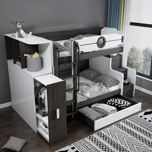 最新のモダンなファッションデザイン子供用家具二段ベッド子供用子供用家具ダブル階段付きワードローブ