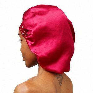 Fashionable Women's Adjustable Satin Hair <b>Bonnet</b>-Pink Pearl Design for Daily Party Outdoor & Travel Use - Product Image 3