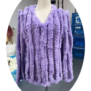 2024 Spring fancy knitwear manufacturers custom women casual knit 100% real pull over rabbit fur sweater for women