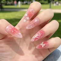 Faux ongles 3D en relief dégradé rose en ABS, amovibles, à presser, décorés de fleurs, papillons et strass, style français