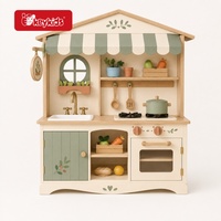Rumah Boneka Kayu Dua Lantai dengan Atap Bergelombang Biru, Tangga, Set Perabot untuk Permainan Peran Imajinatif Anak W06A761