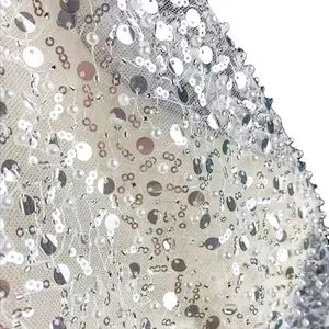 wholesale white 100% polyester embroid heavy beaded sequin fabric for bridal