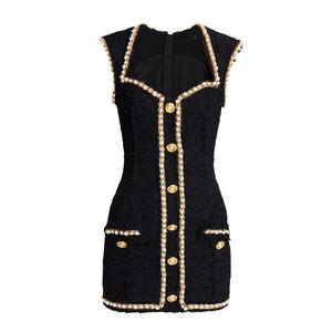 Mini <span class=keywords><strong>abito</strong></span> da donna con rivestimento <span class=keywords><strong>in</strong></span> <span class=keywords><strong>Tweed</strong></span> elegante a vita alta personalizzato con collo quadrato di alta qualità - Product Image 4