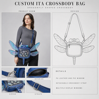 Sac bandoulière Ita Bag en cuir PU bleu en forme de libellule avec fenêtre en PVC, ailes irisées, fabrication d'échantillons OEM ODM