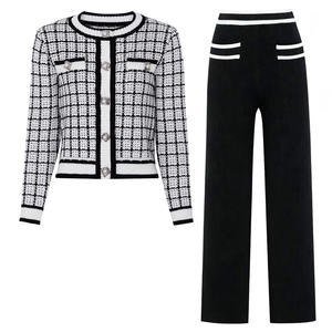 Completo da Ufficio Casual di Alta Qualità, Cardigan a Collo Tondo a Maniche Lunghe con Bottoni e Pantaloni a Quadri <span class=keywords><strong>in</strong></span> <span class=keywords><strong>Maglia</strong></span>, Set Due Pezzi da <span class=keywords><strong>Donna</strong></span> - Product Image 6