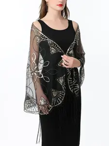 Chales de Lentejuelas Cuadradas de Poliéster, Vestidos de Noche, Boleros para Novia y Damas de Honor, Chales para <span class=keywords><strong>Fiesta</strong></span> de Bodas, Capa con Borlas, Chal de Boda - Product Image 4