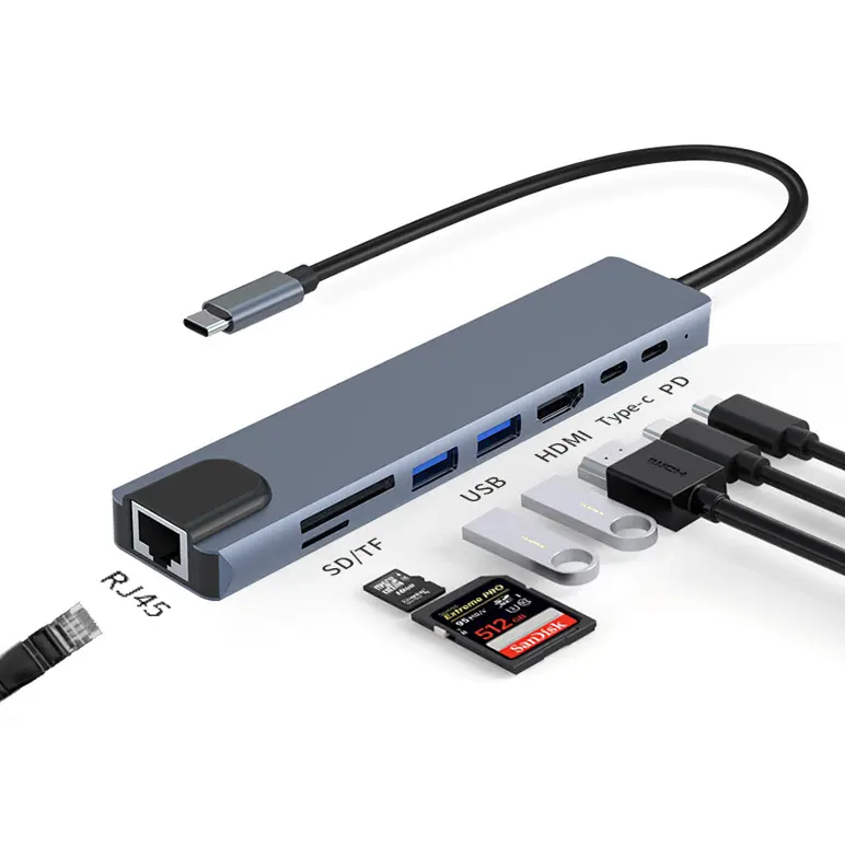 Lemorele Usb C Hub 8 IN 1 USB 3.0 TF SD Ethernet HDMI Por Porno Hub Docking AdapterType-c Aluminum Laptop USB Hubs for MacBook