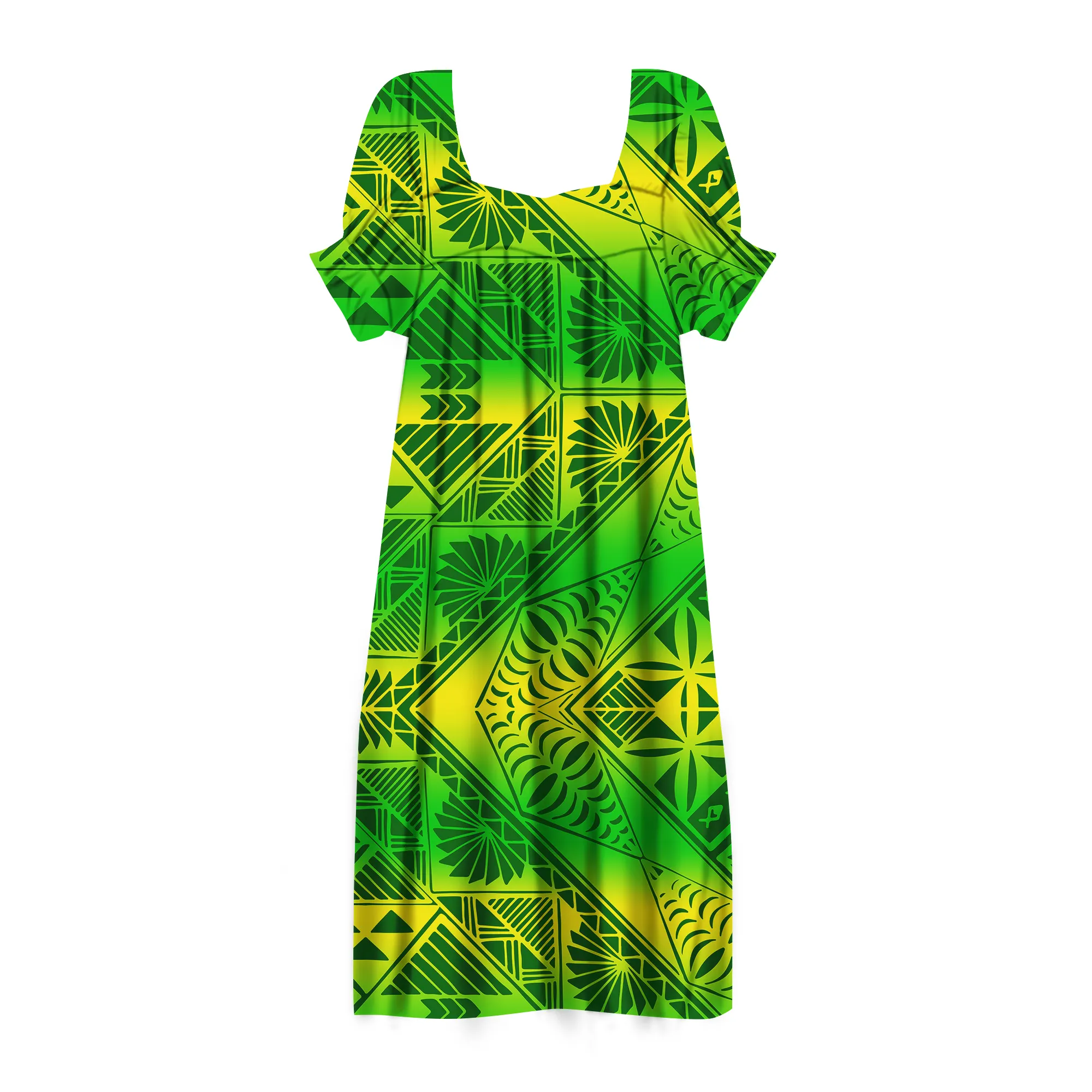 Ruffle Puff Sleeve Micronesia Mumu Micronesian Muumuu High Waist Vintage Square Neck Long Dresses Green Pacific Island Dresses