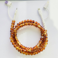 Kabel Pengisi Daya Ponsel 4 in 1 Amber Beaded, Manik-manik Coklat Transparan, USB Type C, Kabel Pengisian Multi, Gaya Vintage