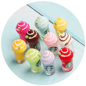 Free Shipping Artificial Sweet Summer Cool Ice Cream Coffee Cup With Straw Flatback Crafts Decorative Supplies Resin Ornament