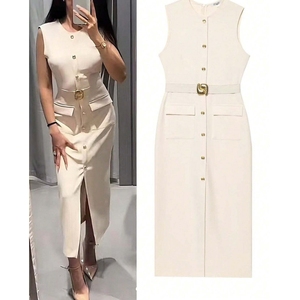 Robes élégantes sans manches à col rond et taille cintrée pour femmes, couleur unie, tendance - Product Image 4