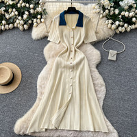 Robe midi moulante en maille unie pour femme, 6 couleurs, manches courtes, boutonnée, tenue décontractée, TAILLE UNIQUE