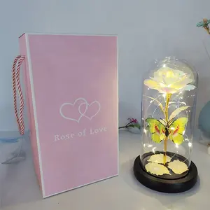 Creative Valentine Day Gifts 24k Gold Rose With Led Light Galaxy Flower Rose In Glass Dome Unique Gift For Women