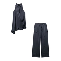 Ensemble deux pièces sexy sans manches, haut long et pantalon, ensemble décontracté pour femmes, ensemble pantalon deux pièces élégant en satin pour femme