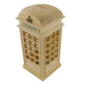 London Telephone Booth Coin Box Natural Pine Wood Money Box