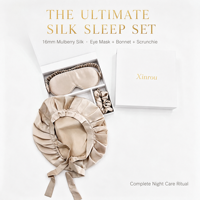 Ensemble cadeau 3-en-1 de luxe en soie de mûrier 100% : bonnet de nuit, masque pour les yeux et chouchou – Soin capillaire en soie pour dormir, voyager, hôtel, cadeau