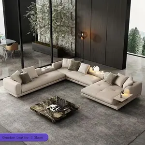 Comfort Designs U Shaped Sectional Sofa Set Villa Furniture Living Room Modern Luxury Gray Velvet Genuine Leather Sectional Sofa