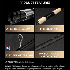 40T + 30T Carbon FUJI Rings 5kg Drag Fishing Spinning Rod avec poignée en liège 2.28m 2.4m Fishing Pole Bait Casting Rod - Product Image 5