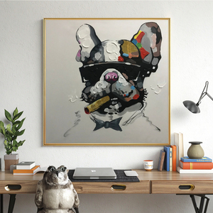 Tableau mural encadré 100% peint à la main, style Pop Art moderne et contemporain, représentant un Bouledogue Boss aux lunettes de soleil, abstrait, avec motif animal - Product Image 2