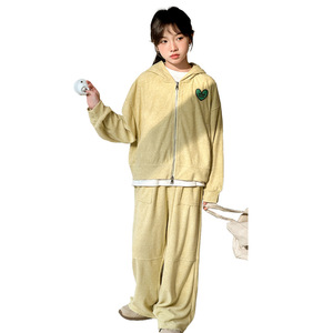 2025 Thời Trang Thiếu Niên Cô Gái Thêu Màu Vàng Hình Trái Tim Patched Trùm Đầu Dây Kéo Áo + Quần 2 Pcs Jogger Thiết Lập - Product Image 1