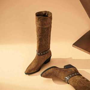 Bottines Western mi-mollet pour femme en daim à bout pointu, talons épais, boucle, tendance mode, hauteur de talon 6 cm, couleur unie - Product Image 4