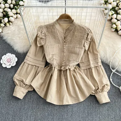 One Size Spring Sweet Baby Shirt Court Style Damen Stehkragen Puff ärmel Lose Rüschen Langarm Weiß Pullover Shirt