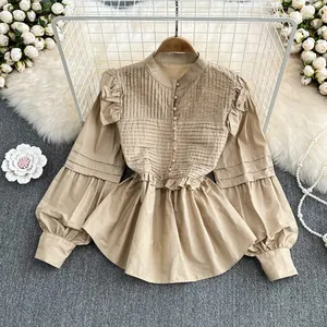 Satu Ukuran Musim Semi Kemeja Bayi Manis Gaya Istana Wanita Kerah Berdiri Lengan Puff Longgar Ruffle Lengan Panjang Kemeja Pullover Putih