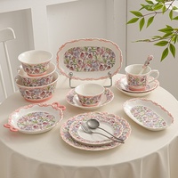 Service de table en céramique haut de gamme, motif végétal rétro, gaufré, compatible micro-ondes, avec bol, assiette, tasse et cuillère