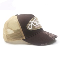 Conception personnalisée En Détresse Effiloché Patch de Broderie Applique 5-Panneau Sport Respirant Maille Camionneur Chapeau Casquette